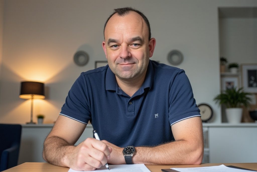 Sébastien Baguet, mandataire immobilier SAFTI Bièvre-Isère, signe un contrat de vente dans son bureau à Saint-Étienne-de-Saint-Geoirs.